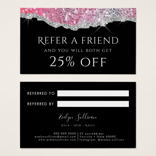 sparkling pink glitter referral card (Front & Back)