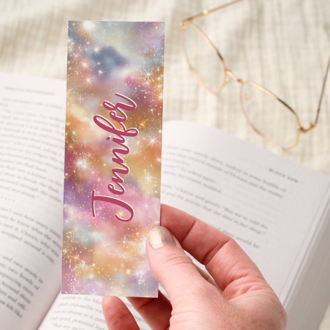 Sparkling Pink Gold Pastel Stars Personalized Bookmarks (Hand)