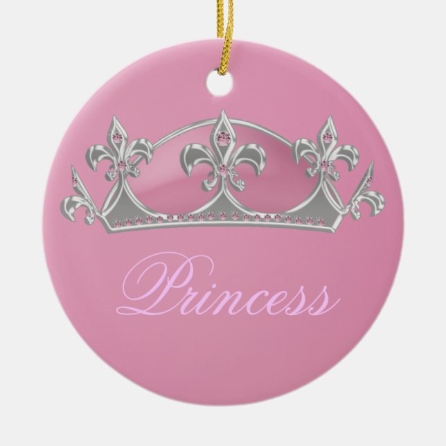 Sparkling Pink Princess Faux Crown with Diamonds Ceramic Ornament (Front)
