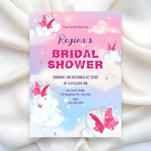Sparkling pink purple butterfly bridal shower invitation