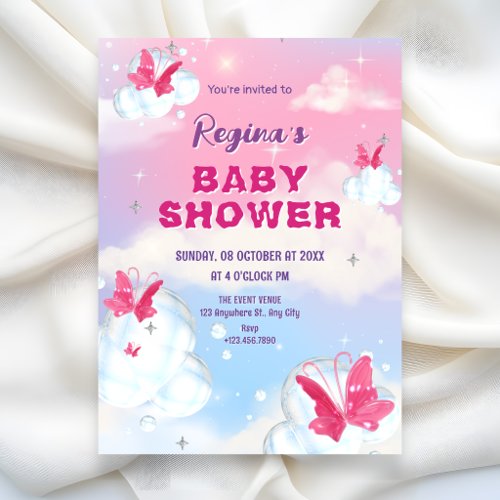 Sparkling pink purple clouds butterfly baby shower invitation