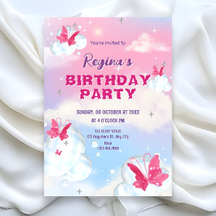 Sparkling pink purple clouds butterfly birthday invitation