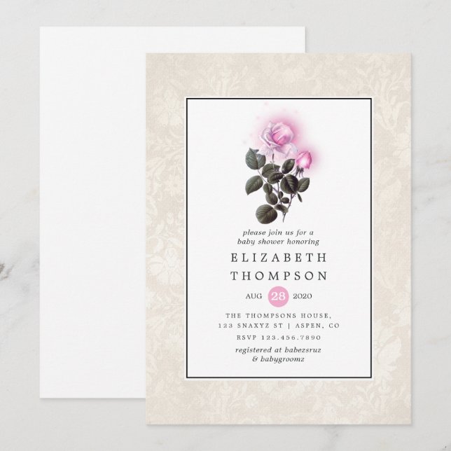 Sparkling Pink Roses Baby Shower Invitation (Front/Back)