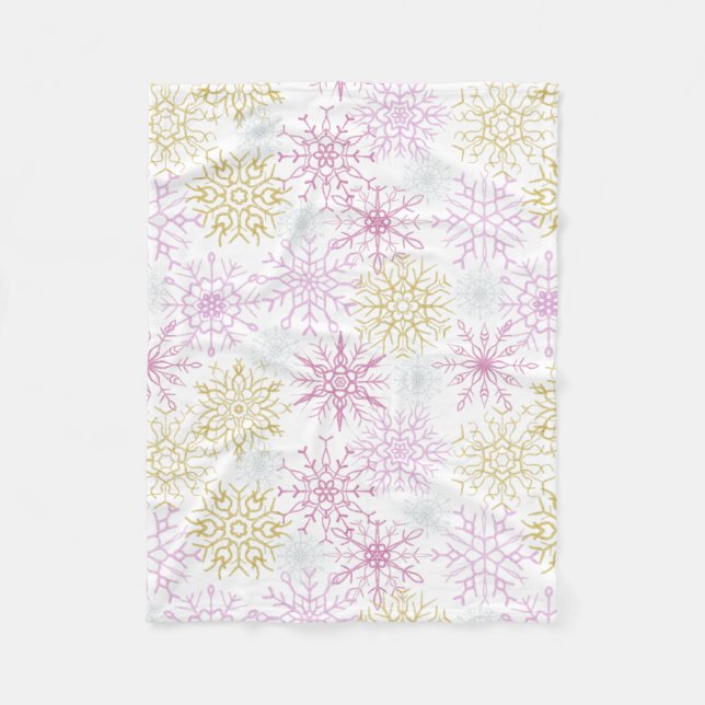 Sparkling Pink Snowflakes Fleece Blanket (Front)