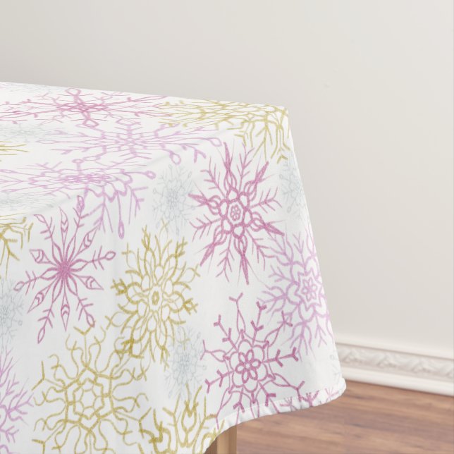 Sparkling Pink Snowflakes Tablecloth (In Situ)