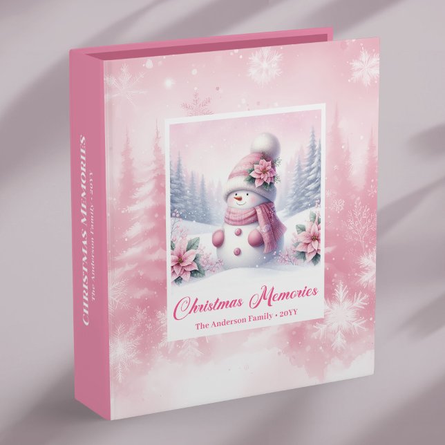 Sparkling Pink Snowman Christmas Photo Memory Ring 3 Ring Binder (Sparkling Pink Snowman Christmas Memory Ring Binder)
