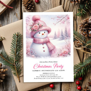Sparkling Pink Snowman Kids Christmas Invite Digit