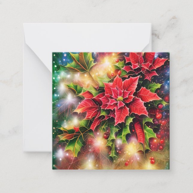 Sparkling poinsettia and holly budget Christmas Note Card (Front)