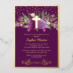 Sparkling Purple Amethyst Floral Cross Baptism Foil Invitation