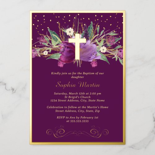 Sparkling Purple Amethyst Floral Cross Baptism Foil Invitation