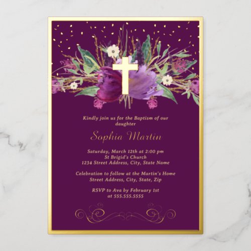 Sparkling Purple Amethyst Floral Cross Baptism Foil Invitation