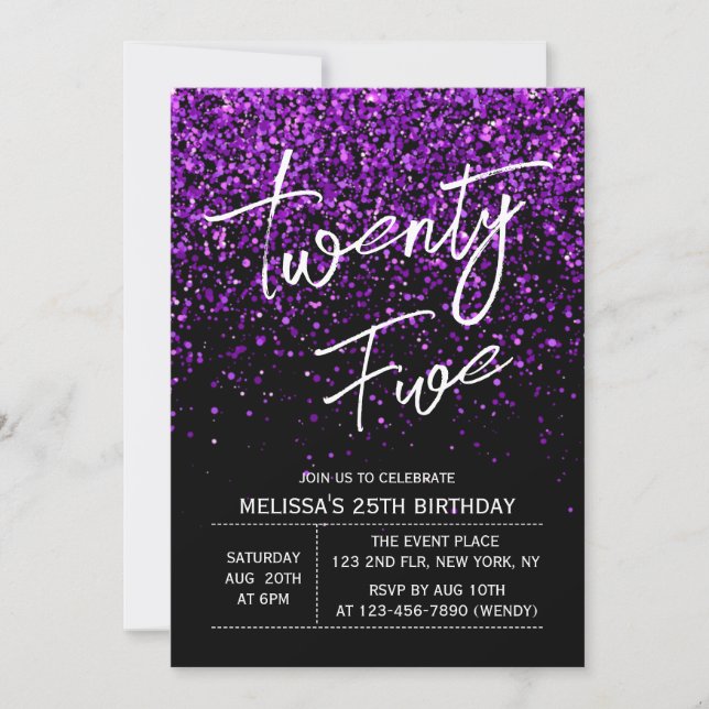 Sparkling Purple Glitter Black Any Age Birthday Invitation (Front)