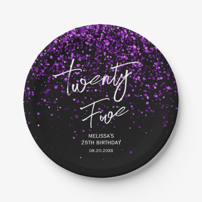 Sparkling Purple Glitter Black Any Age Birthday Paper Plates (Front)