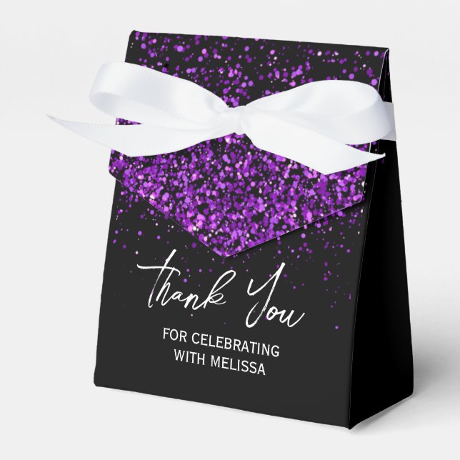 Sparkling Purple Glitter Black Birthday Thank You Favor Boxes (Front Side)
