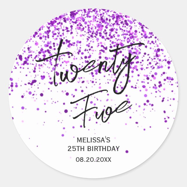 Sparkling Purple Glitter White Any Age Birthday Classic Round Sticker (Front)