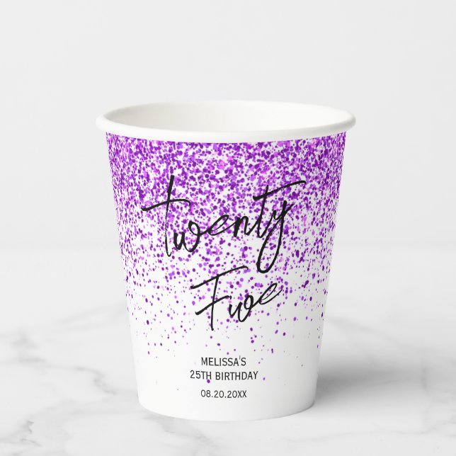 Sparkling Purple Glitter White Any Age Birthday Paper Cups (Front)