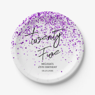 Sparkling Purple Glitter White Any Age Birthday Paper Plates