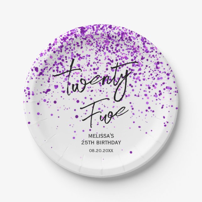 Sparkling Purple Glitter White Any Age Birthday Paper Plates (Front)