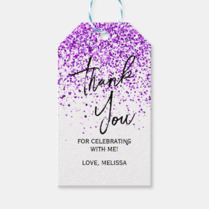 Sparkling Purple Glitter White Birthday Thank You Gift Tags