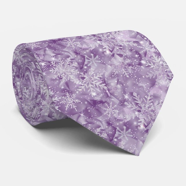 Sparkling Purple Snowflake Pattern Neck Tie (Rolled)