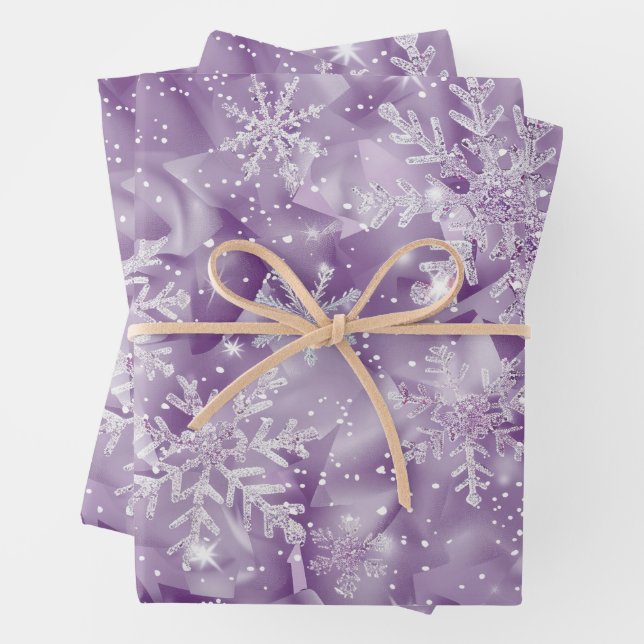 Sparkling Purple Snowflake Pattern Wrapping Paper Sheets (In situ)
