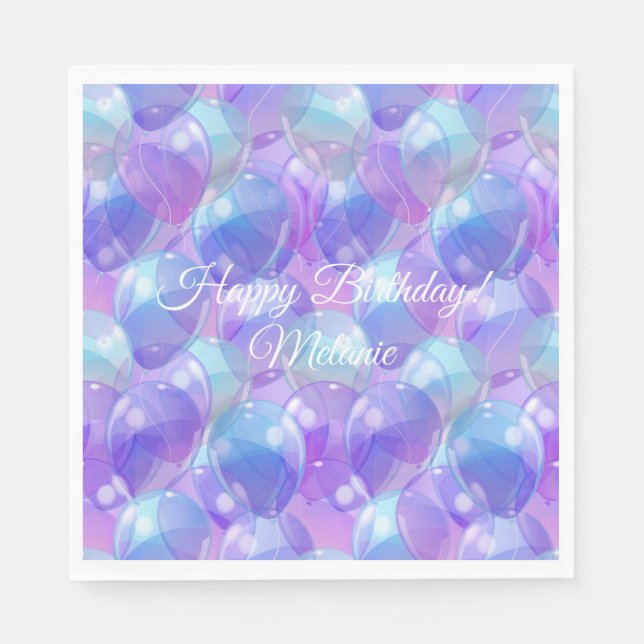 Sparkling Purple Teal Blue Birthday Party Balloons Napkins (Front)