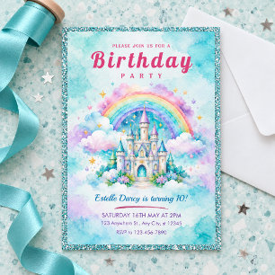 Sparkling Rainbow Castle 10th Birthday Party Invit Invitation