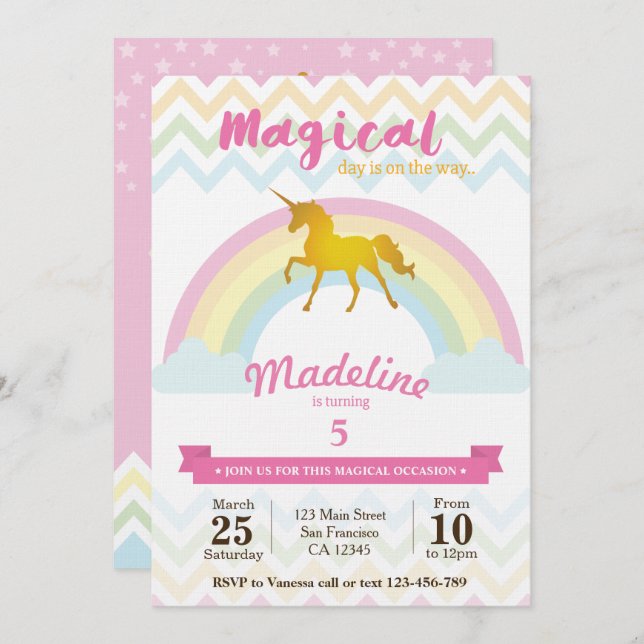 Sparkling rainbow unicorn birthday invitation (Front/Back)
