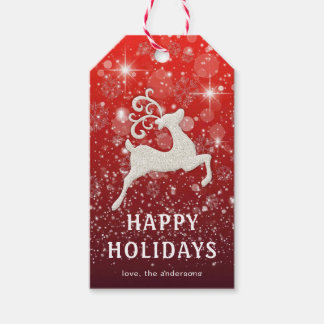 Sparkling Red Background White Reindeer Luxury Gift Tags