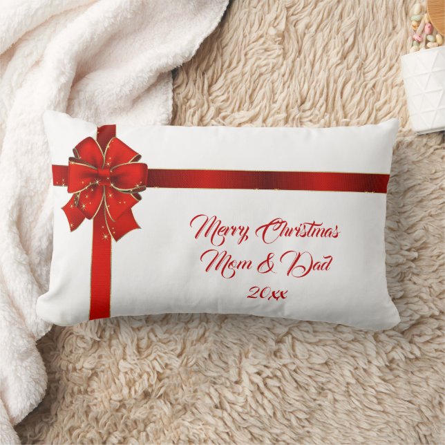 Sparkling Red Bow Season's Greetings Lumbar Pillow (Blanket)