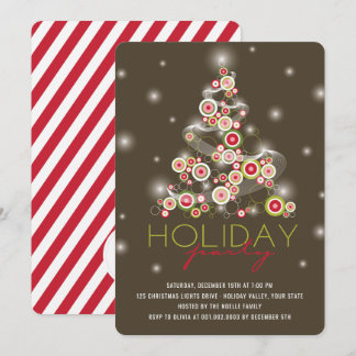 Sparkling Red Circles Christmas Tree Holiday Party Invitation