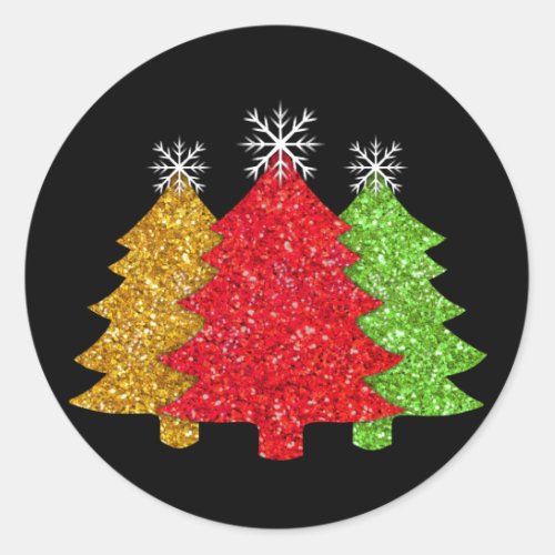 Sparkling red gold green Christmas tree snowflake Classic Round Sticker