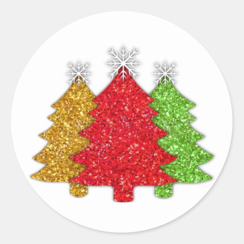 Sparkling red gold green Christmas tree snowflake Classic Round Sticker