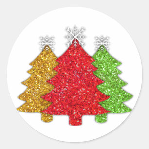 Sparkling red gold green Christmas tree snowflake Classic Round Sticker