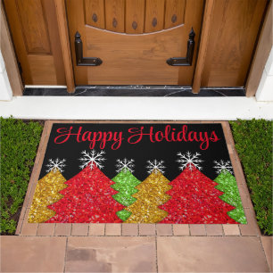 Sparkling red gold green Christmas tree snowflake Doormat