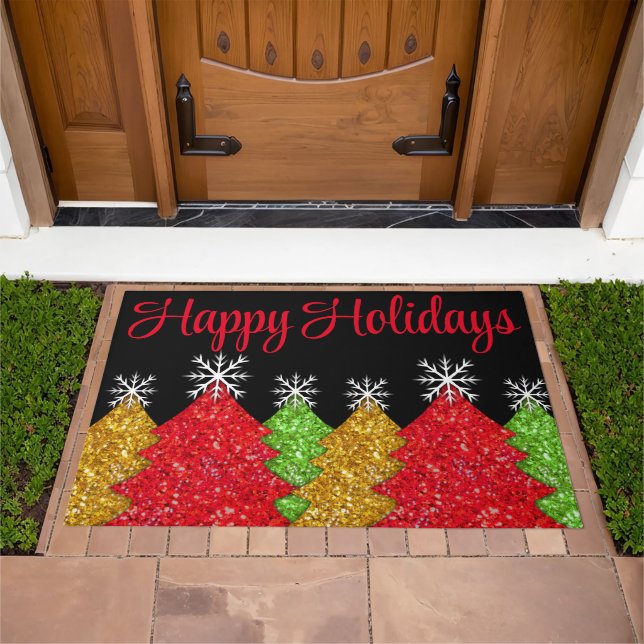 Sparkling red gold green Christmas tree snowflake Doormat (Outdoor)