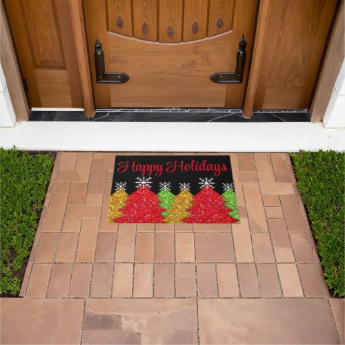 Sparkling red gold green Christmas tree snowflake Doormat
