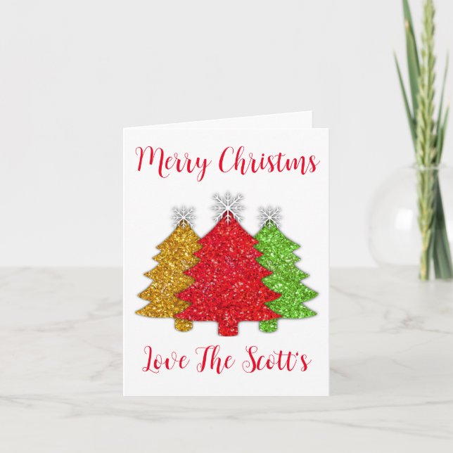Sparkling red gold green Christmas tree snowflake Holiday Card (Front)