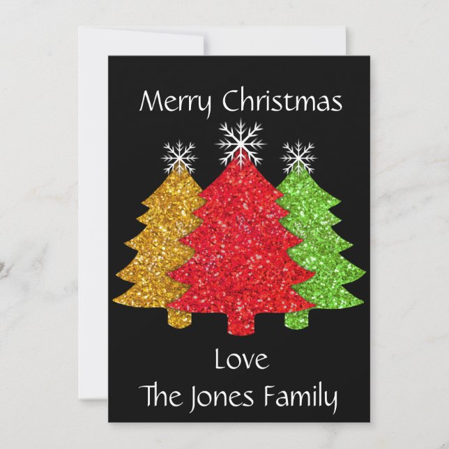 Sparkling red gold green Christmas tree snowflake Holiday Card (Front)