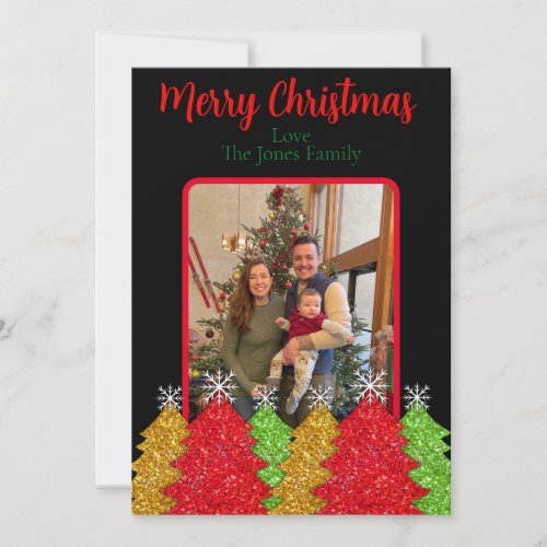 Sparkling red gold green Christmas tree snowflake Holiday Card