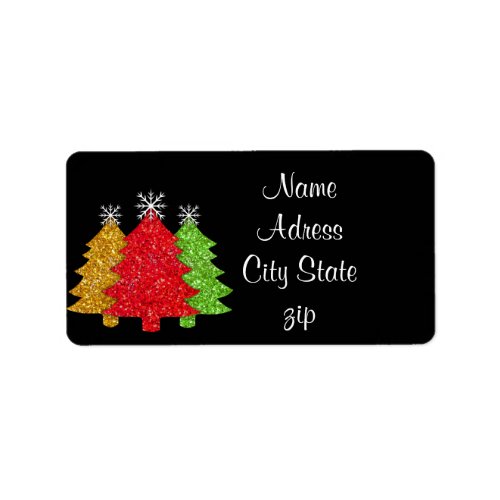 Sparkling red gold green Christmas tree snowflake Label