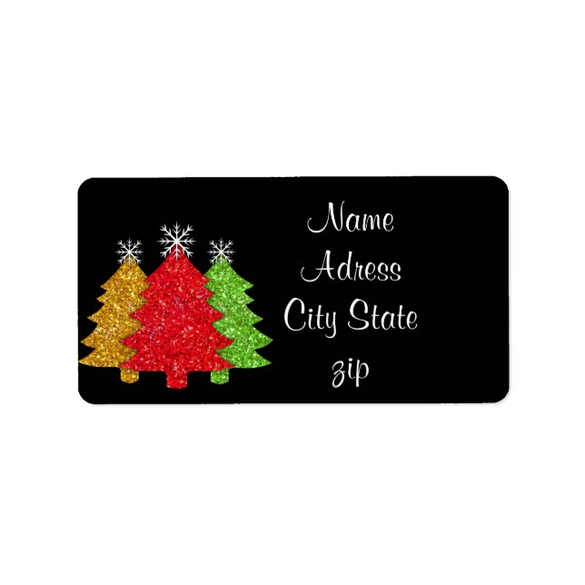 Sparkling red gold green Christmas tree snowflake Label (Front)