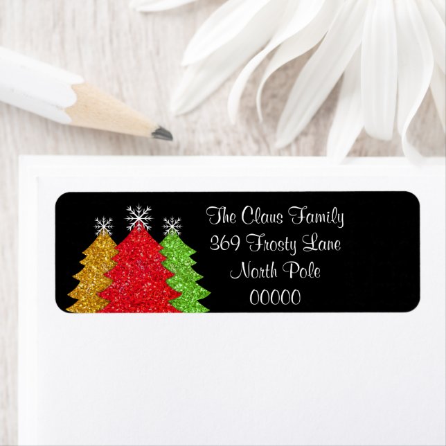 Sparkling red gold green Christmas tree snowflake Label (Insitu)