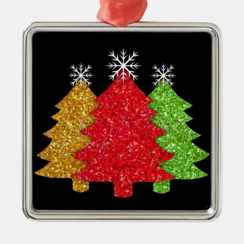 Sparkling red gold green Christmas tree snowflake Metal Ornament