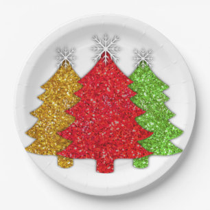 Sparkling red gold green Christmas tree snowflake Paper Plates