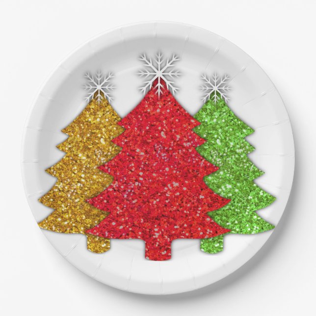 Sparkling red gold green Christmas tree snowflake Paper Plates (Front)