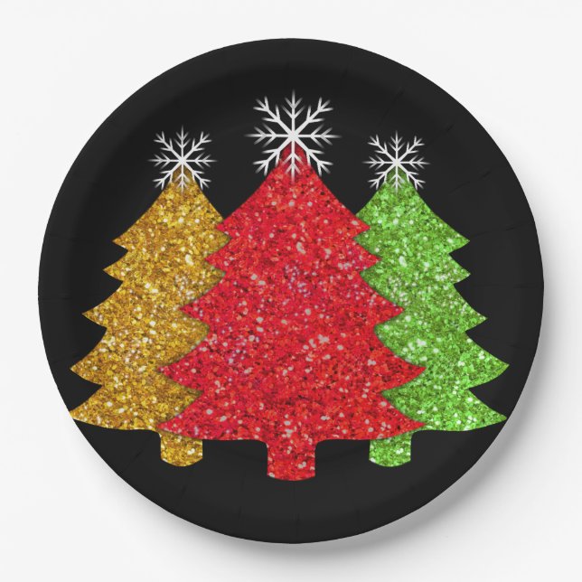 Sparkling red gold green Christmas tree snowflake Paper Plates (Front)