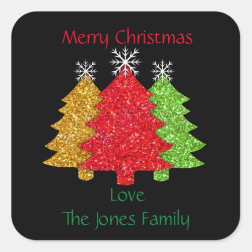 Sparkling red gold green Christmas tree snowflake Square Sticker
