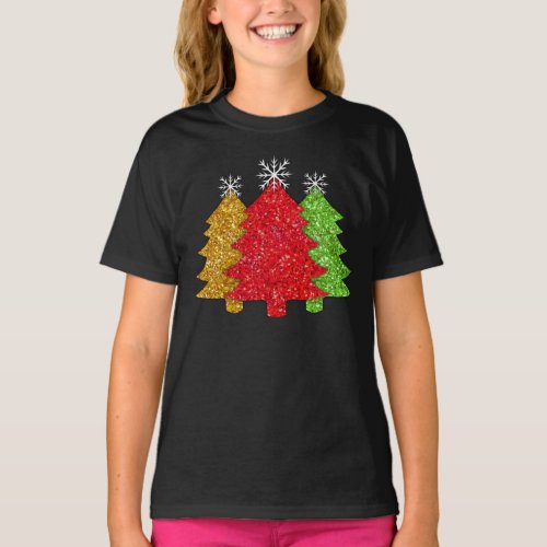 Sparkling red gold green Christmas tree snowflake T_Shirt
