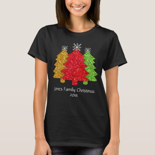Sparkling red gold green Christmas tree snowflake T_Shirt